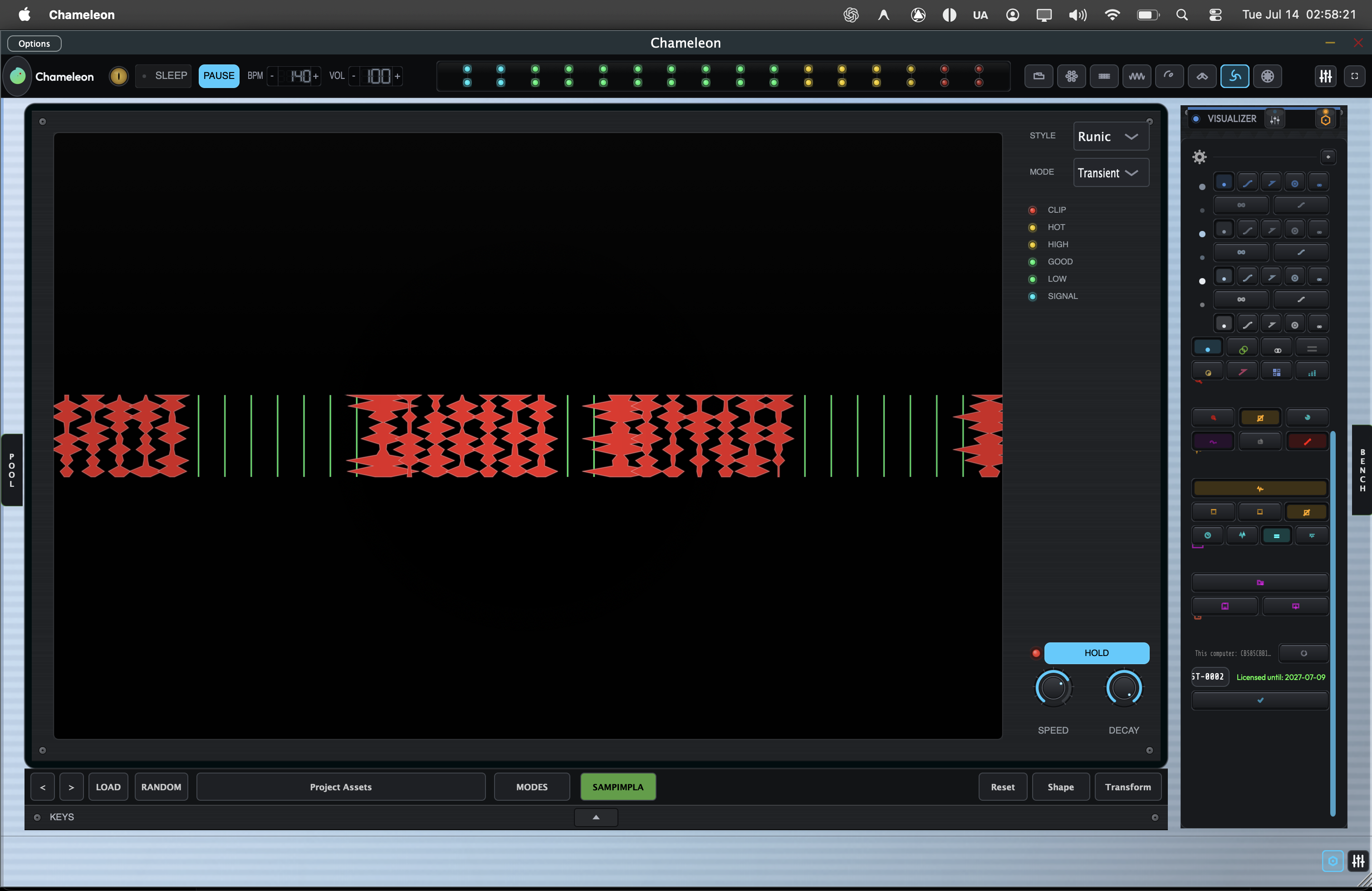 Chameleon Runic visualizer rendering red glyph clusters across a black signal field
